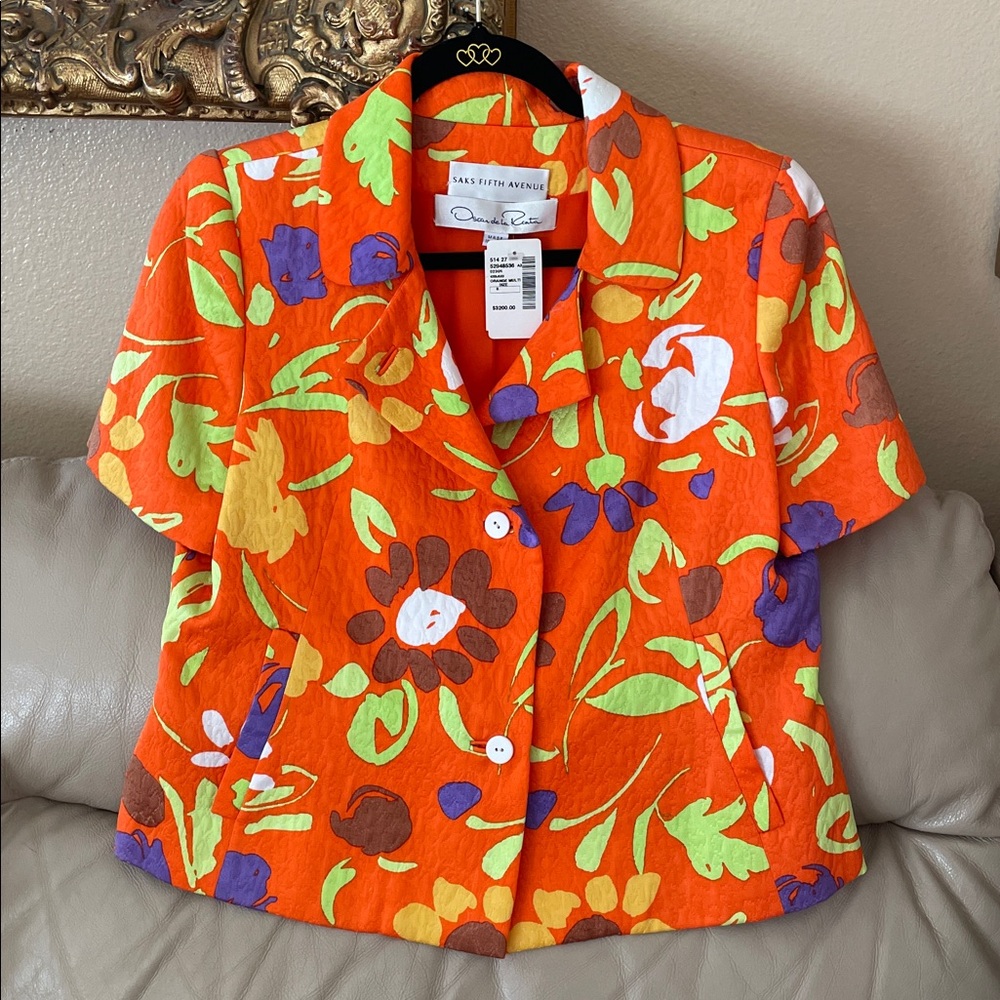 NWT.$3200 Oscar De La Renta Saks Fifth Avenue Orange Purple Floral Jacket Sz.8 - Picture 2 of 11
